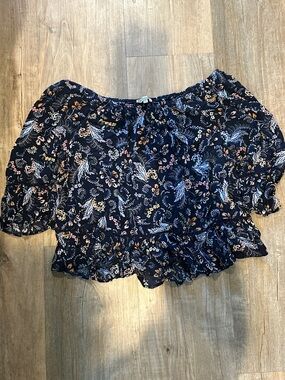 Democracy Navy Floral Off-Shoulder Peplum Blouse